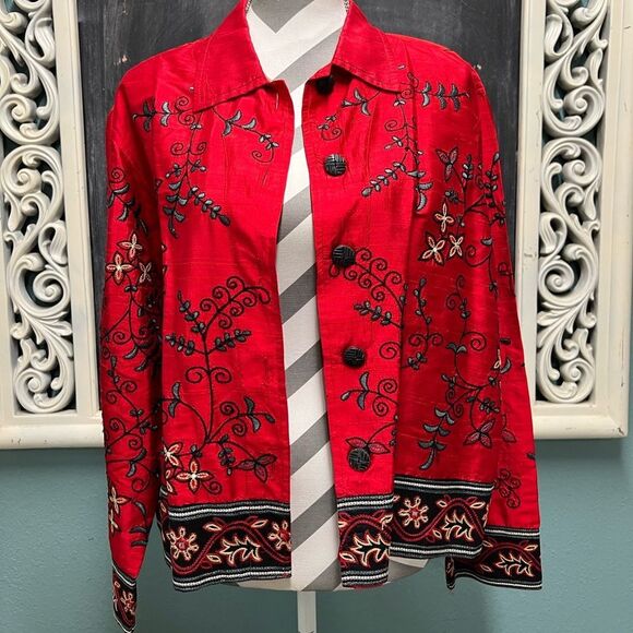 Chico's Red Embroidered Button Down Shirt - Picture 1 of 10
